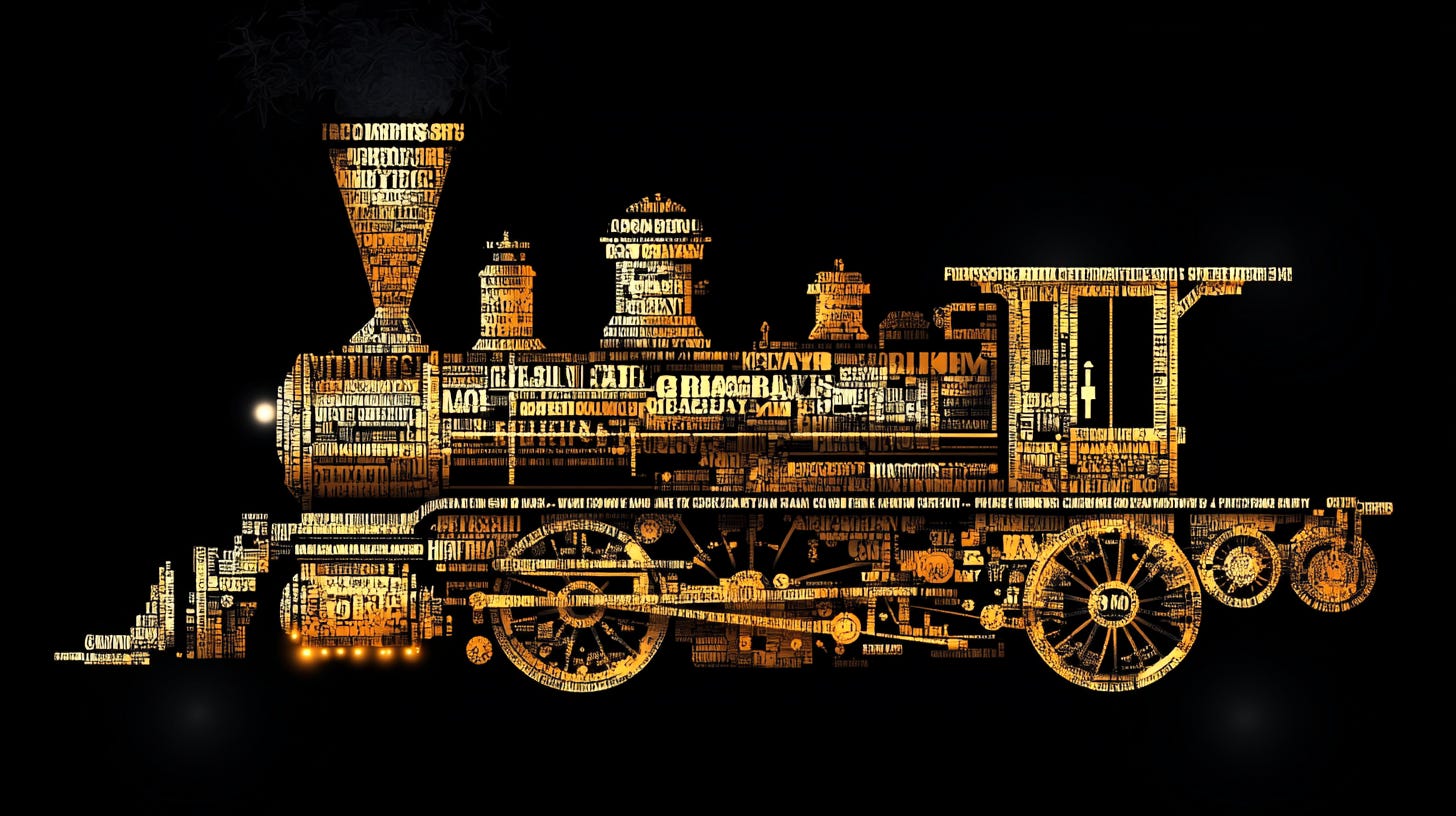 A portrait of a [vintage train] made of words, in the style of vector illustration, golden light, high contrast, silhouette lighting, black background, typography art
