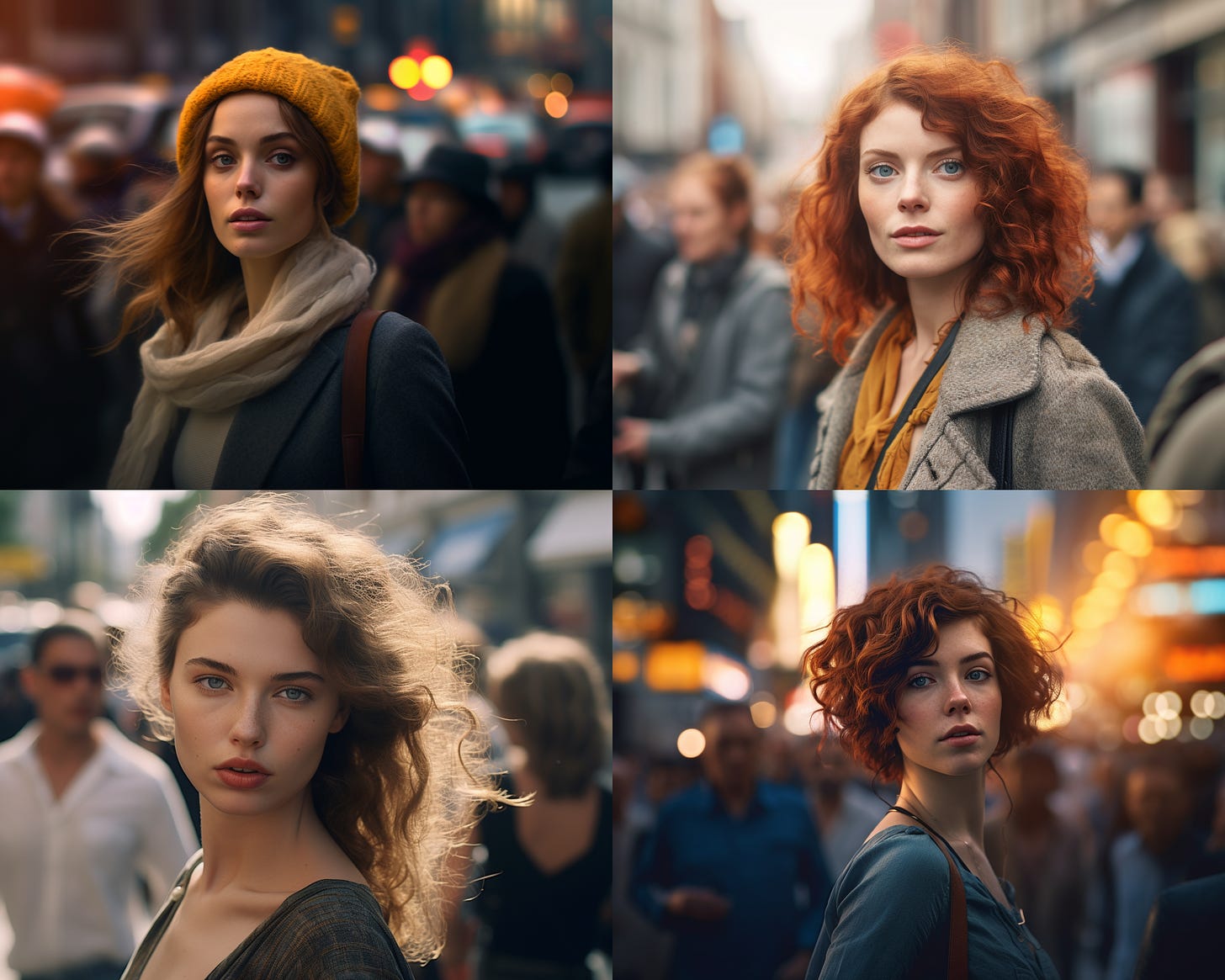 Four-grid output with four professional photos of women on a busy street. Midjourney V 5.1