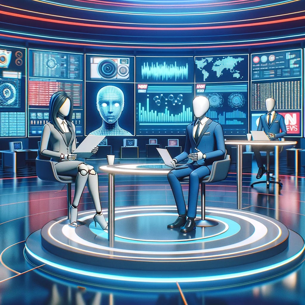 A 3D cel-shaded news studio with AI synthetic news presenters. The scene shows AI avatars delivering news, with screens in the background displaying real-time data analysis and news feeds, highlighting the blend of AI and journalism.