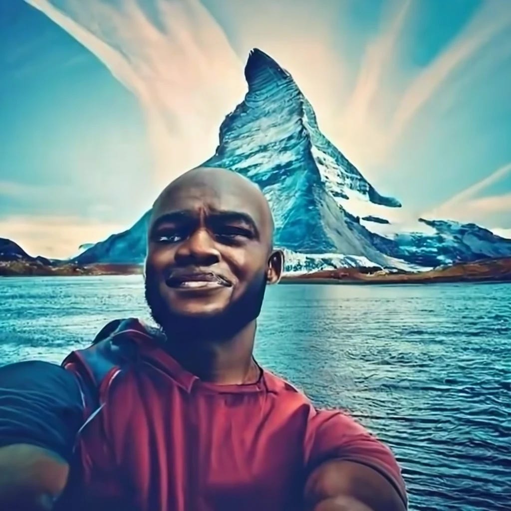 black man taking selfie with the Matterhorn in the background