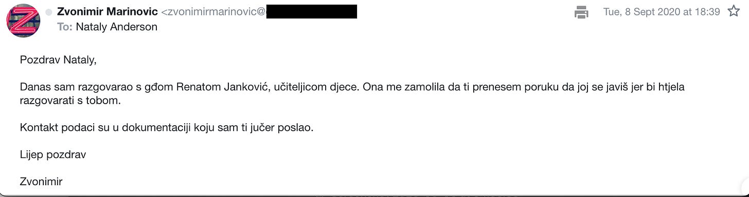 Screenshot: Email from Zvonimir asking me to ring teacher Renata Jankovic