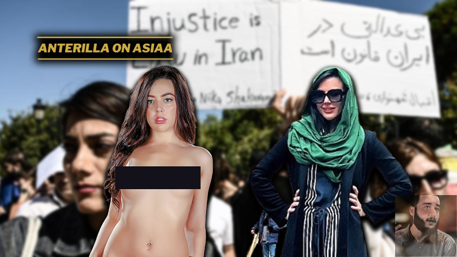 Sadoilla hardcore-porno-, ja alistusvideoilla videoilla esiintyvä länsimaalainen “feministinainen” laittoi pakollisen hijabin päähän Iranissa ja pilkkasi Lähi-Idän naisten aidosti feminististä vapautusliikettä, osoittaen tukea islamilaiselle naisiva murhaavalle ääripatriarkaatille. 