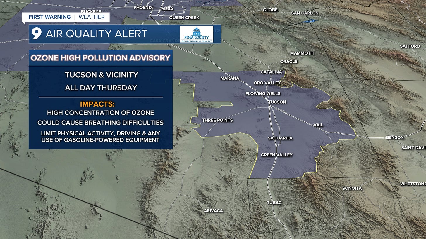 May be an image of map and text that says 'FIRST WARNING BLICKEYE WEATHER PHOENIX ENIXMES MESA QUEEN CREEK 9 AIR QUALITY ALERT GLOBE SAN CARL OS PEMA PIMACOUNTY COUNTY OZONE HIGH POLLUTION ADVISORY TUCSON & VICINITY ALL DAY THURSDAY MAMMOTH ORACLE MARANA CATALINA SAFFORD ORO VALLEY IMPACTS: HIGH CONCENTRATION OF OZONE COULD CAUSE BREATHING DIFFICULTIES FLOWING WELLS TUCSON LIMIT PHYSICAL ACTIVITY, DRIVING ANY USE OF GASOLINE-POWERED EQUIPMENT THREE POINTS AIL SAHUARITA GREENVALLEY VALLEY GREEN BENSON SAINT DAVI ARIVACA TυBAC SONOITA WHETSTON'