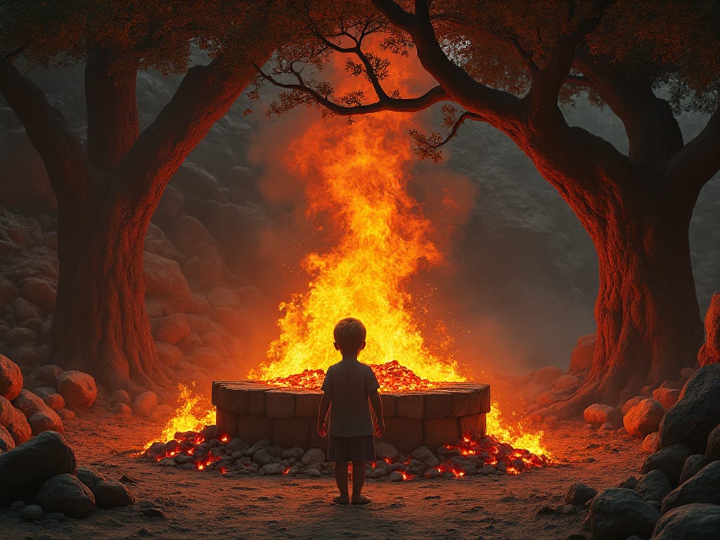 A young child stands alone before a large, intense fire, emanating from a stone altar amidst a barren landscape. The fire, encircled by rocks and glowing embers, reaches high into the air. The scene is set between two twisted, ancient trees that arch overhead, creating a somber, foreboding atmosphere. The imagery echoes an ancient, sacrificial ritual, reminiscent of the high places of Baal where children were offered in burnt offerings. The child’s silhouette appears small and vulnerable, confronting the towering flames, evoking a dark, tragic moment from the past.