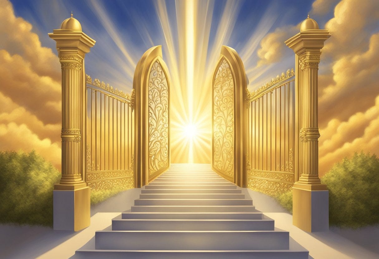 A golden path leads to pearly gates in a radiant sky. Rays of light shine down, illuminating the way to Heaven