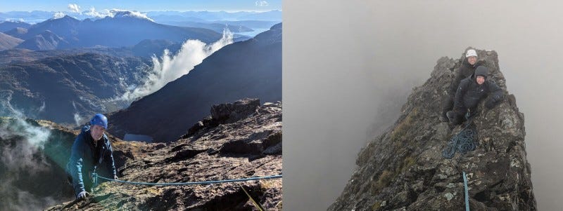 Collage of two photos. The left shows a smiling man on a rope who is climbing rocks in sunshine with blue sky and fair-weather clouds behind. The right shows two men waiting on a piece of rock sticking out of dense cloud like an island. They are both attached to a rope and there is a pile of rope in front of them. Collage of two photos. The left shows a smiling man on a rope who is climbing rocks in sunshine with blue sky and fair-weather clouds behind. The right shows two men waiting on a piece of rock sticking out of dense cloud like an island. They are both attached to a rope and there is a pile of rope in front of them.