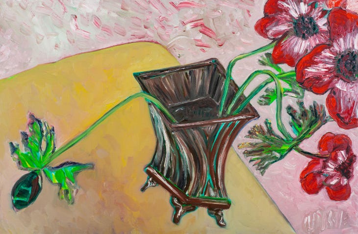 A painting of red flowers in a vase