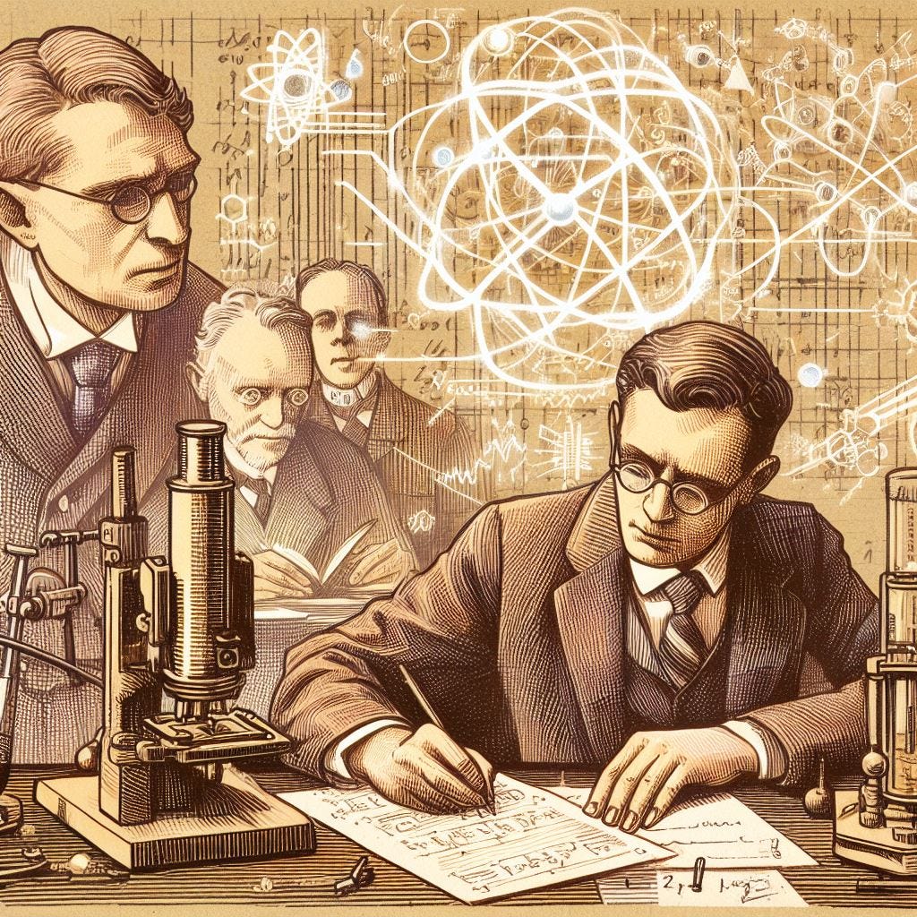 Draw 1920s German physicists unlocking the secrets of atomic physics.