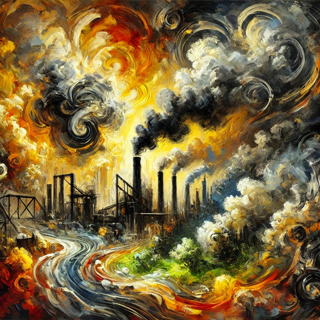 An abstract oil painting depicting the concept of industrial byproducts being repurposed into food additives. Use expressive brushstrokes with a color palette of deep yellows, oranges, and blacks to represent tartrazine and coal origins. Include swirling, chaotic shapes to symbolize the industrial process and its intrusion into nature. Add hints of green and red to depict the hidden dangers and health impacts. The overall mood should be ominous yet vibrant, capturing both the allure and the potential harm of these substances.