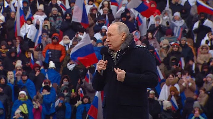 Putin references Lord's prayer in speech at rally and says fighting is  ongoing | Ukrainska Pravda