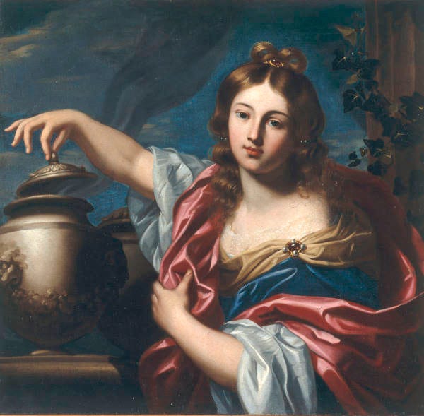 An oil painting of Pandora opening a decorative ceramic jar. From under the lid, dark smoke is escaping. Pandora is wearing colourful silk robes in the 17th century style. She is classically beautiful with pale luminous skin and dark blonde hair