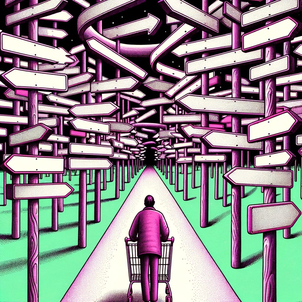 Surreal wood engraving illustration of an individual shopping for groceries. As they push their cart, they are confronted with a maze of bewildering road-signs. Each sign seems out of place, adding a dream-like atmosphere to the everyday task. The color palette features vibrant magenta on mint green.