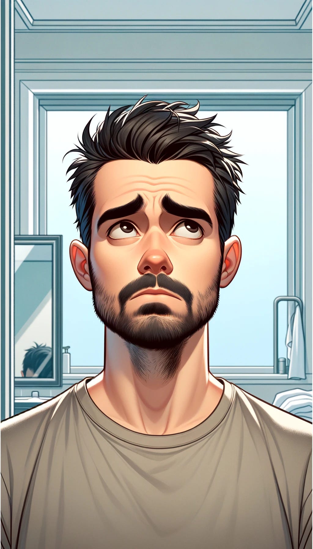 Create a realistic cartoon-style portrait of a man with short dark hair and a beard, based on the uploaded reference image. The man should have a slight tilt of his head upwards, with an expression of uncertainty on his face, as if he has just woken up and is standing in front of the bathroom mirror. He should be wearing a plain t-shirt to emphasize the casual, just-out-of-bed look. The background should be simple and resemble a bathroom interior to fit the narrative of the blog post, with elements like a mirror reflecting the image of the man. The mood should be pensive and slightly uncertain.