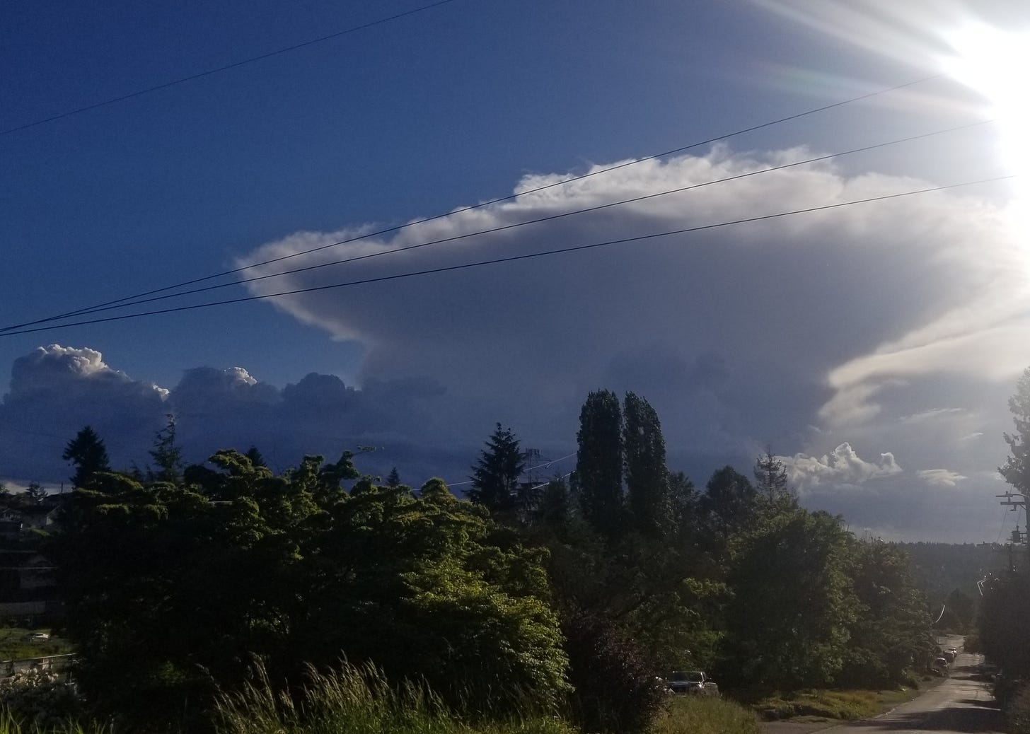 Image is a photo of a lush green forested neighborhood and to the right, a road with no sidewalks leads off towards a distant tree-covered hill. The sun shines brightly above to the right and in the center of the image and the sky, a gigantic thunderhead is blooming above the land and over a range of dark clouds. The sky is a dark but brilliant blue above them. 