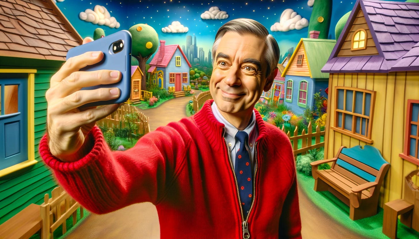 A man resembling Mister Rogers, wearing a red cardigan and a tie, is taking a selfie with a smartphone in a magical, whimsical neighborhood. The neighborhood features colorful, imaginative houses, trees with unusual shapes, and a sky filled with vibrant colors. The man has a warm, friendly smile, and his attire is neatly arranged, capturing the essence of Mister Rogers. The scene should feel welcoming, imaginative, and nostalgic.