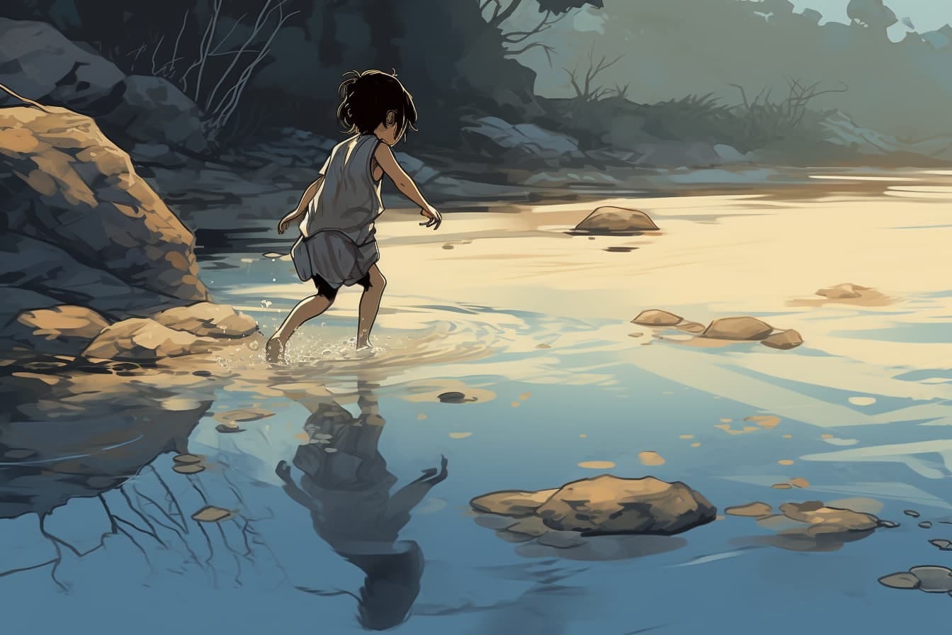 graphic novel illustration of a young girl standing in the shallow part of lake