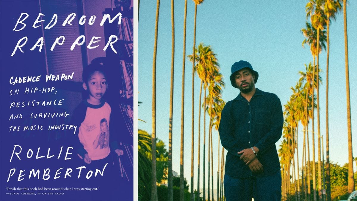 An image to the left shows the purple book cover of Bedroom Rapper. To the right stands rapper Cadence Weapon under palm trees.