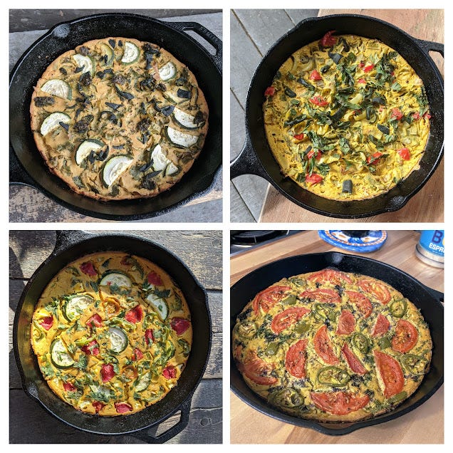 4 photos of a vegan frittata in a cast iron pan
