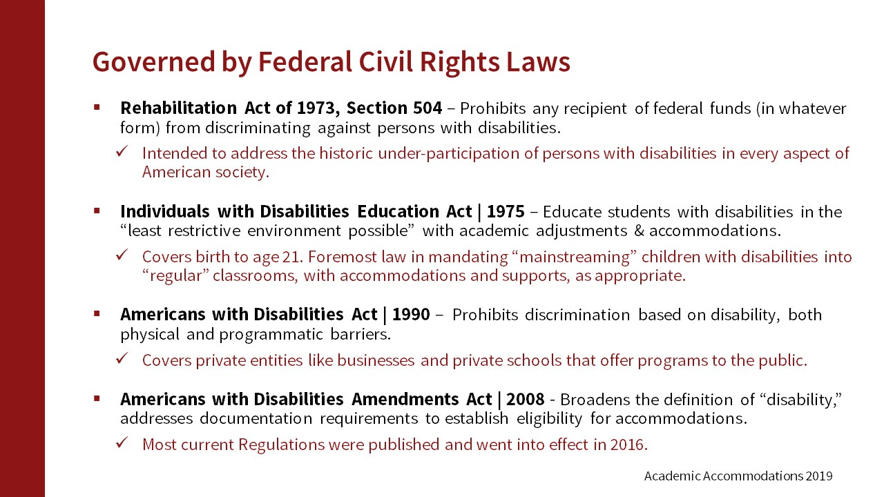 list of civil rights laws: Rehab Act of 1973, Sec 504; IDEA of 1975; ADA of 1990; and ADAA of 2008