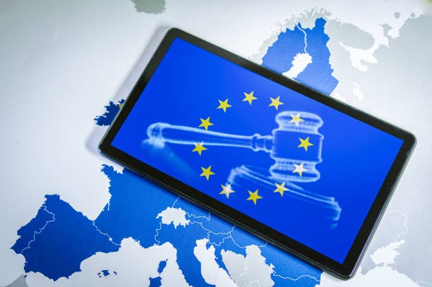 eu flag with gavel and sound block on smartphone screen over a eu map. - law bildbanksfoton och bilder