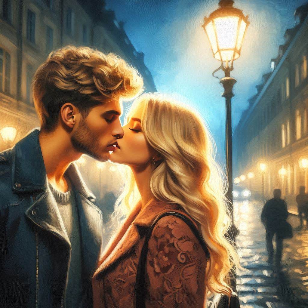 A handsome young blonde man kisses a beautiful blonde woman under a streetlight. Slight impressionist style.