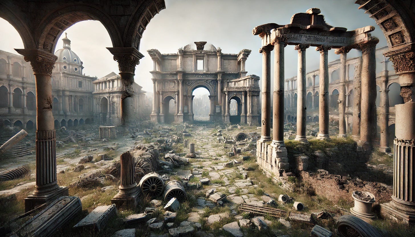 A realistic depiction of an ancient Roman forum in a state of decay. The scene captures the wide expanse of the forum with broken columns, crumbling arches, and overgrown vegetation. The remnants of grand structures are visible, with faded carvings and eroded statues. The atmosphere is somber, with a sense of history and abandonment. The sky is overcast, adding to the melancholic mood of the decaying ruins. The wide aspect ratio emphasizes the vastness and former grandeur of the forum.