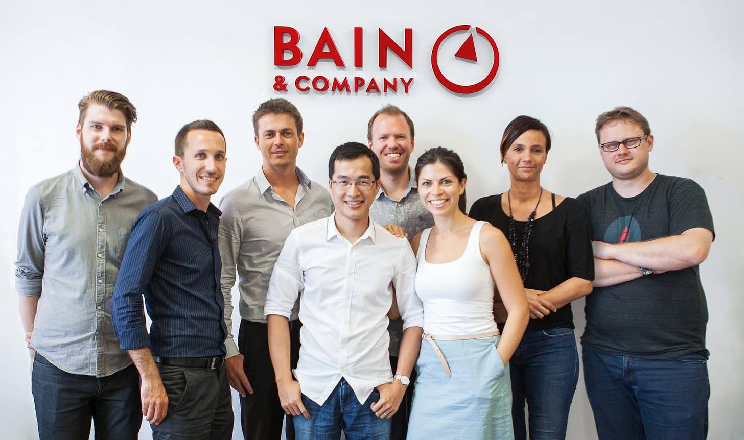 Có thể là hình ảnh về 6 người và văn bản cho biết 'BAIN BAINO & COMPANY O'