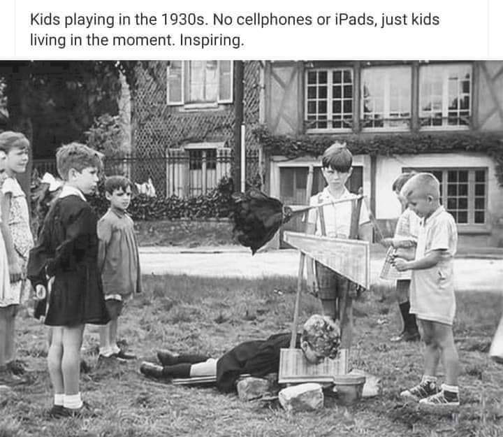 May be an image of 4 people, child, outdoors and text that says 'Kids playing in the 1930s. No cellphones or iPads, just kids living in the moment. Inspiring.'