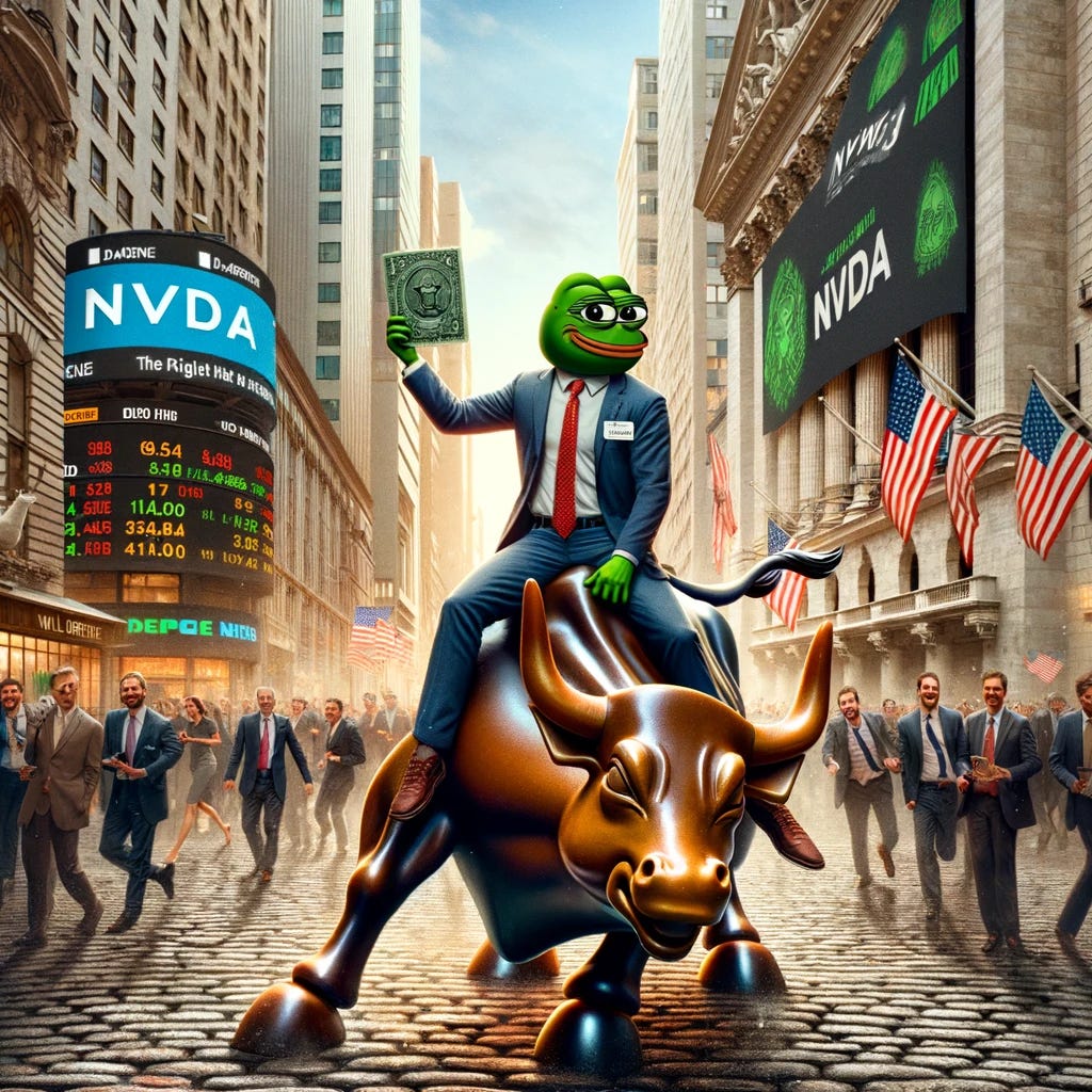 Create a hyperrealistic HDR image featuring a scene of victory in the stock market. The scene includes a character that looks like Pepe the Frog, dressed as a chip company CEO, triumphantly riding a very large bull on Wall Street. The surrounding environment is bustling with activity, and there are signs of 'NVDA' and 'ATH' prominently displayed everywhere, symbolizing high stock values and all-time highs. The atmosphere is energetic and optimistic, reflecting the bullish sentiment in the market.