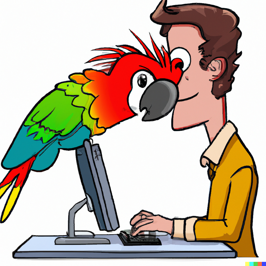 A Dall-E generated image of a reporter typing with a parrot on his monitor