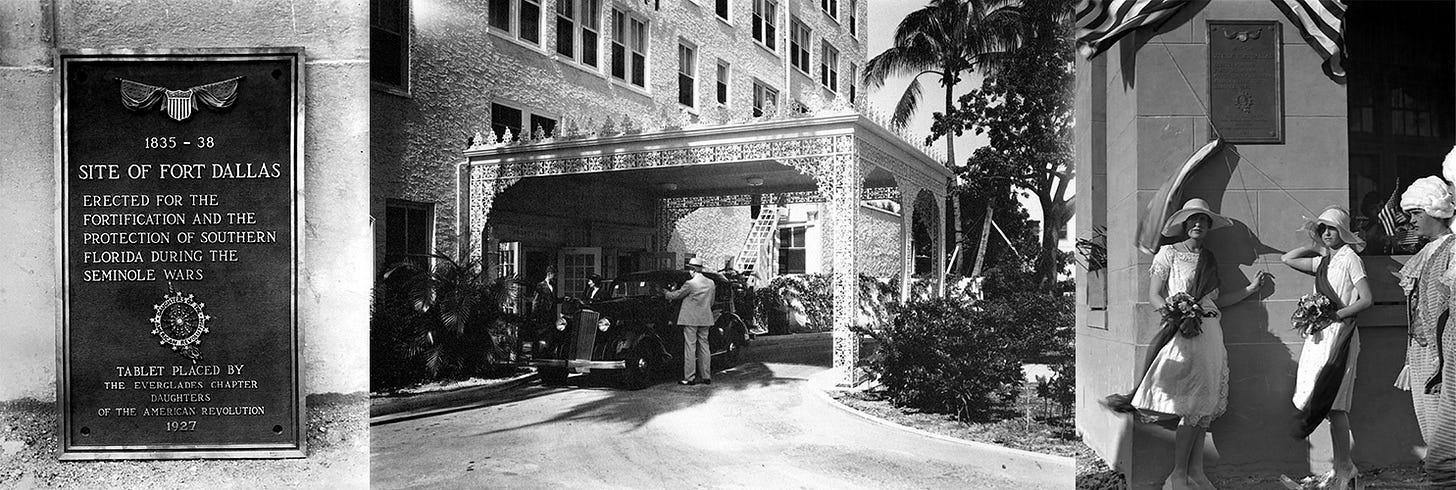 Fort Dallas Bronze Tablet on the Robert Clay Hotel in 1927. Mary Brickell, granddaughter of William and Mary, seen on left, along with Gertrude Thompson (right), were part of the ceremony to reveal the bronze tablet. Courtesy of Miami-Dade Public Library, Romer Collection. Fort Dallas Bronze Tablet on the Robert Clay Hotel in 1927. Mary Brickell, granddaughter of William and Mary, seen on left, along with Gertrude Thompson (right), were part of the ceremony to reveal the bronze tablet. Courtesy of Miami-Dade Public Library, Romer Collection.
