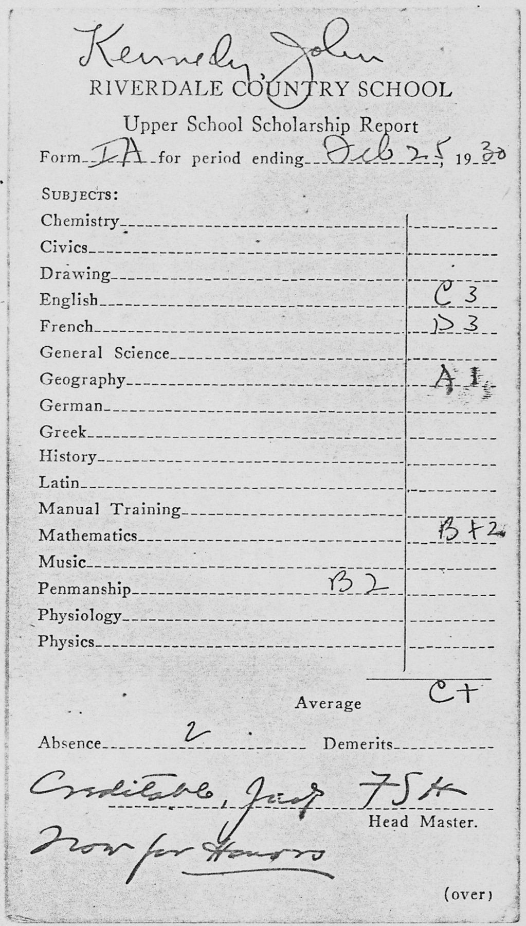 John F. Kennedy's 1930 reportcard from Riverdale Country School