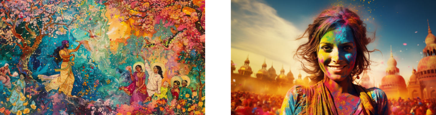 The first set of images depicts the vibrant and joyous celebration of Holi in front of a grand architectural landmark, with clouds of colorful powder filling the air above the enthusiastic crowd. The second captures a more up-close perspective, showcasing individuals engaging in the festivities, highlighted by the spirited bursts of color that decorate the scene and the exuberant expressions on their faces, embodying the festive spirit and cultural richness of the event.