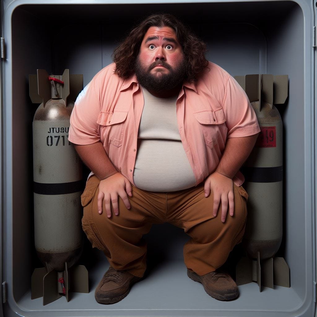 “Jorge Garcia (fat Hurley from LOST) wearing a light pink shirt and brown cargo pants, stuck in a locked container with two cylindrical nuclear bombs. Hurley has flowing brown locks and a light neckbeard. Visibly scared and cramped, in a comical way.”