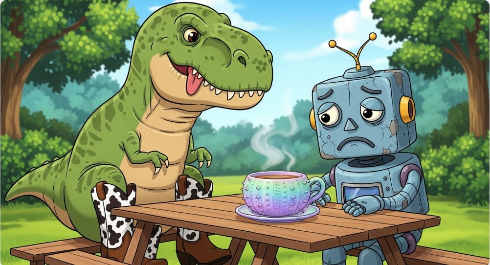 A cartoon green Tyrannosaurus Rex in cowboy boots and a sad robot sit at a picnic table in a park, drinking tea from a floating sea urchin-like teacup. The bright green cartoon dinosaur, with a light brown belly, large head, long tail, and its mouth slightly open showing its tongue, wears black and white cow-patterned cowboy boots. Beside it, a squat, rounded robot with chipped and faded blue paint revealing grey metal, a drooping yellow wire, a delicate oval face with drooping thin antennae, large round eyes reflecting the park, a small curved frowning mouth, a bulbous nose, two small stubby arms with three-fingered hands, and small round feet sits wearily. On the picnic table, a round-bellied, pastel pink teacup resembling a sea urchin with lighter pastel blue-lavender bumps and a curved handle floats slightly above a matching iridescent pastel saucer, both containing and hinting at pale tea with faint steam rising. The background shows a lush green cartoon park setting with trees and foliage under a bright sky.