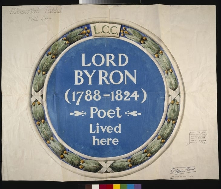 Drawing of a blue plaque for Lord Byron