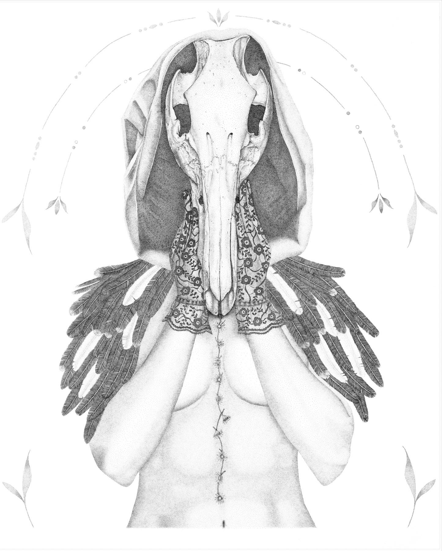 Black and white cloaked woman with boar skull for a face and lace gloves