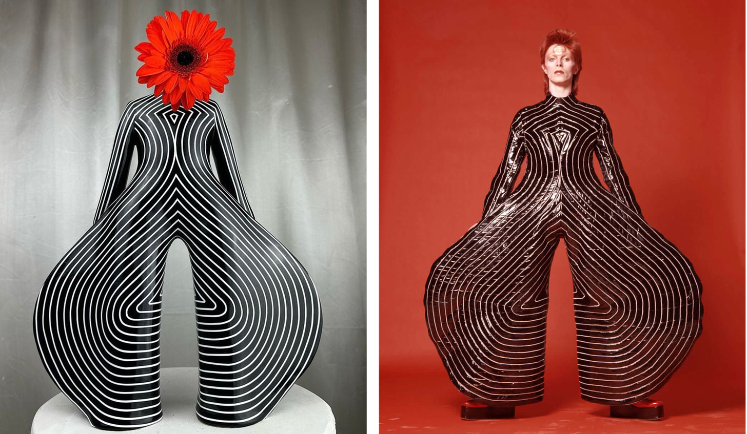 Left, the Starry Icon vase by Michelle Sieg which is made to look like the iconic jumpsuit famously worn by David Bowie; Right, David Bowie wears the outfit that inspired the vase; a black vinyl jumpsuit with white stripes and pant legs that balloon out to the sides as if they were sculpted.