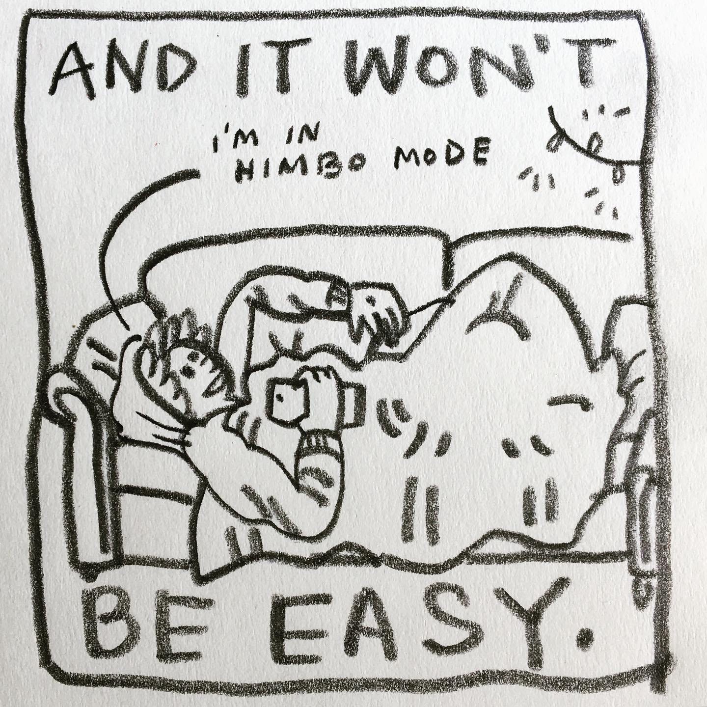 Panel 2: and it won't be easy. Image: Lark lies under a blanket on the sofa wearing a hoodie and holding their phone. Christmas lights in the background. Lark says, “I’m in himbo mode.”