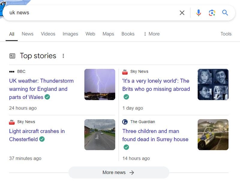 A Top Stories block with the query 'UK news' 