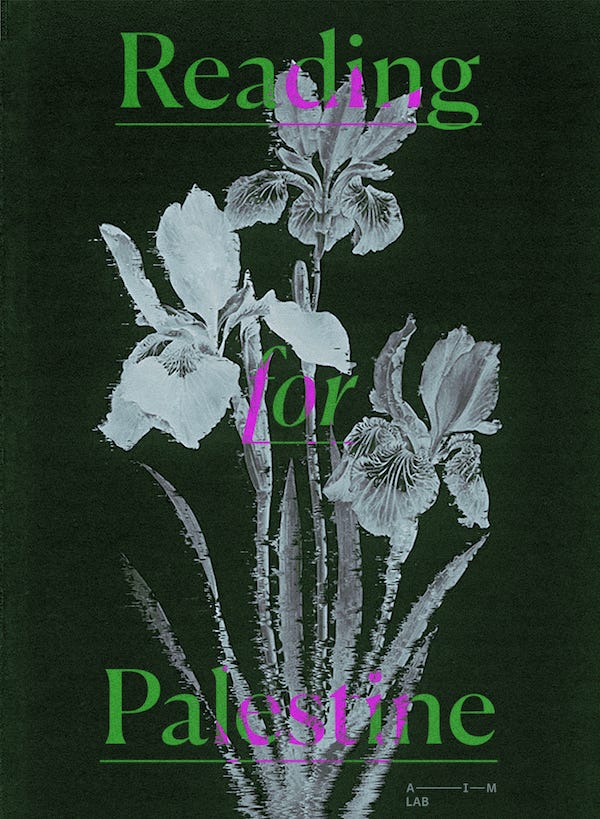 A greyed-out iris flower covering the entire page, against a dark green background. With its letters in green, except the parts where they touch the flower, and turn pink, the words “Reading”, “for,” “Palestine” vertically divide the poster in three.
