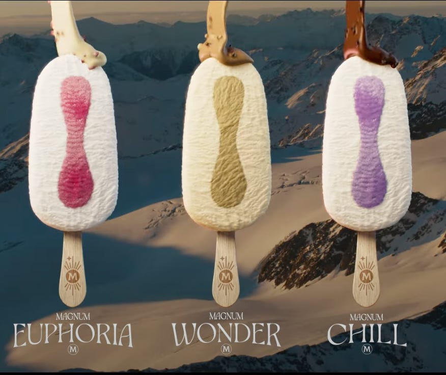 Three bare ice cream bars with a chocolate topping slowly dropping down onto them. Each one has a colorful center in the middle of white ice cream, that resembles a menstrual pad. They're pink, tan, and purple, respectively.