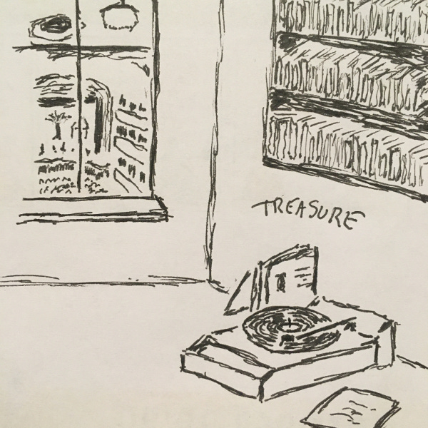 Ink drawing of a record player, sitting on the floor against the wall with a couple of record albums. Above the record player are book shelves and to the side is a high window through which can be seen the interior of an opera house.