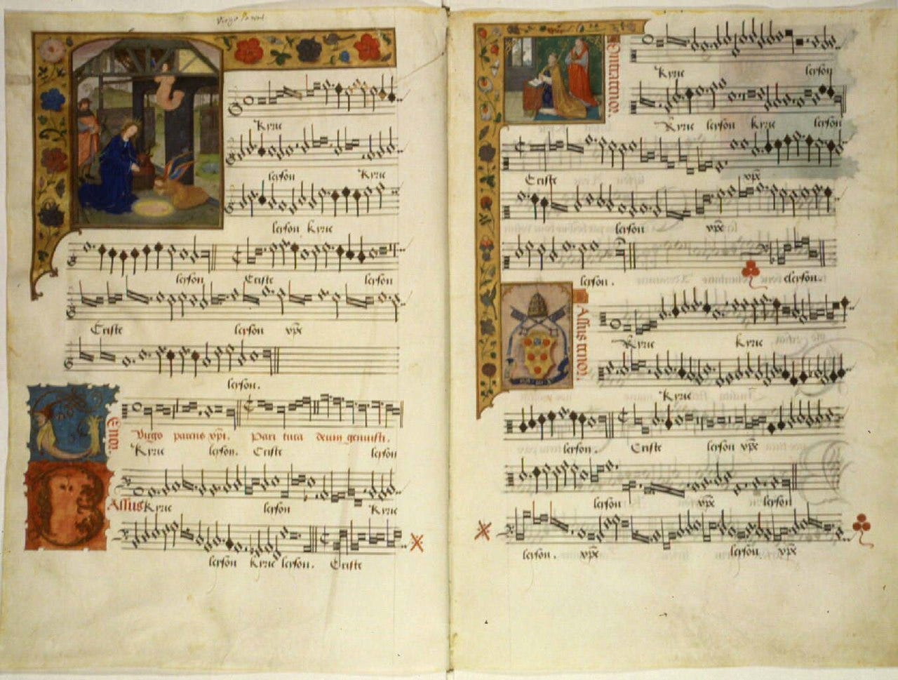 Image of a page of medieval music with illuminations in the margins