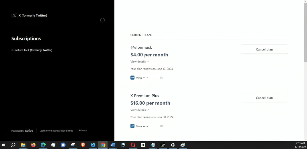 Receipts of Francine’s Premium Plus Subscription and her $4 subscription to Elon Musk on X.com, demonstrating her financial support despite limited content output from Musk.