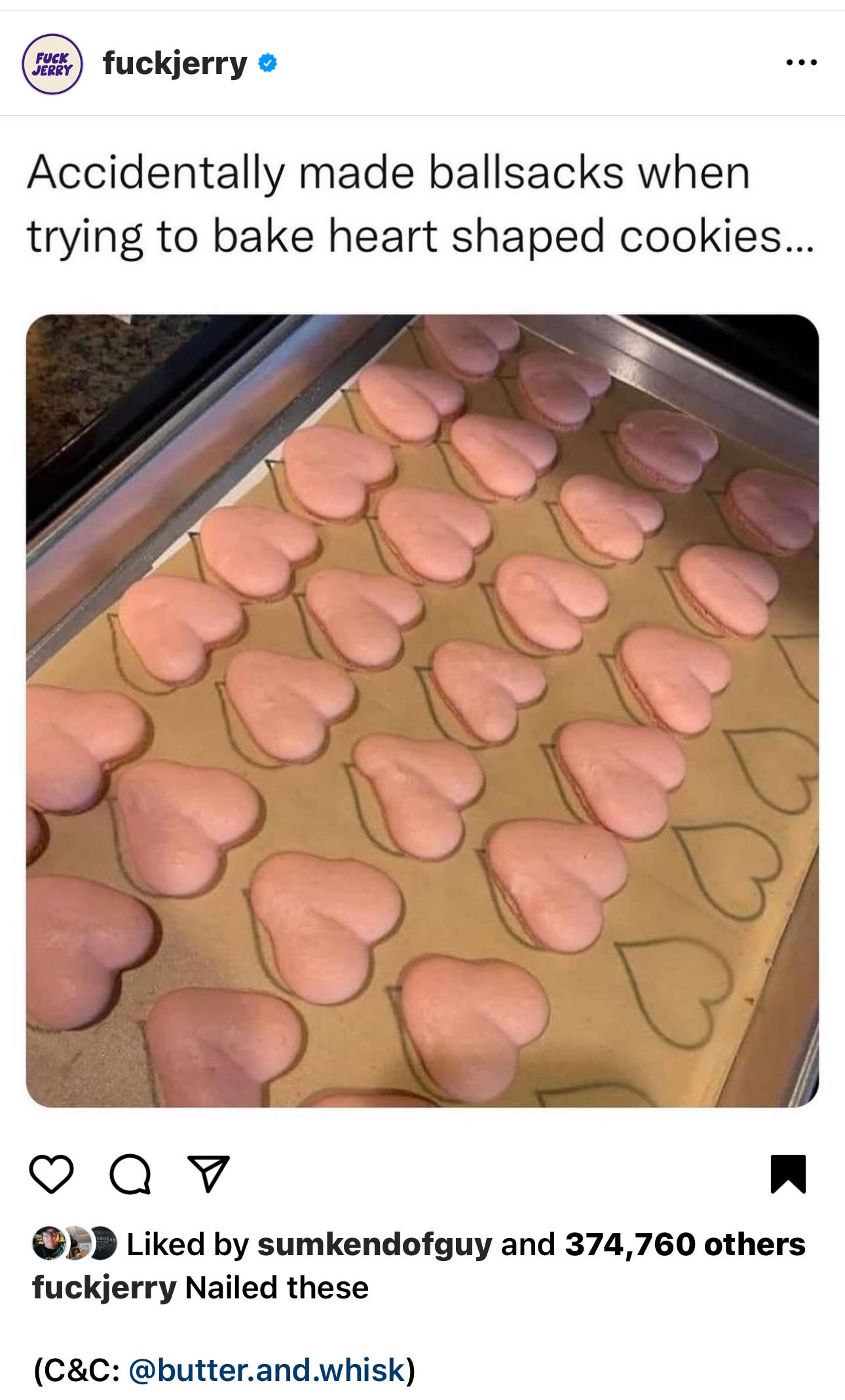 A baking sheet with pink heart-shaped cookies captioned "accidentally made ball sacs when trying to make heart-shaped cookies"
