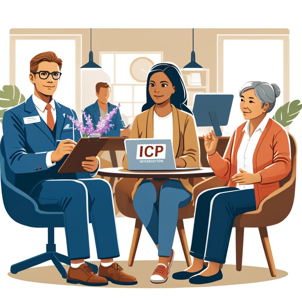 A professional interview scene with three diverse individuals. A middle-aged Caucasian male ICP interviewer holds a clipboard and asks questions, a young African American female marketer takes notes on a laptop, and an elderly Asian female customer speaks animatedly. They are seated around a round table in a cozy office setting, with comfortable chairs, symbolizing a casual yet professional meeting environment. The room is softly lit, enhancing the welcoming atmosphere.