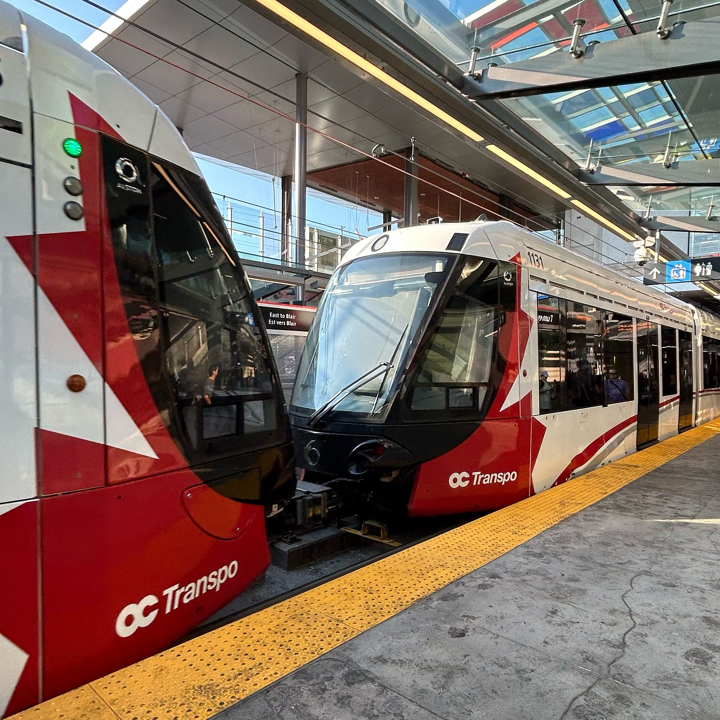 OC Transpo light rail trains at Tunney's Pasture Station