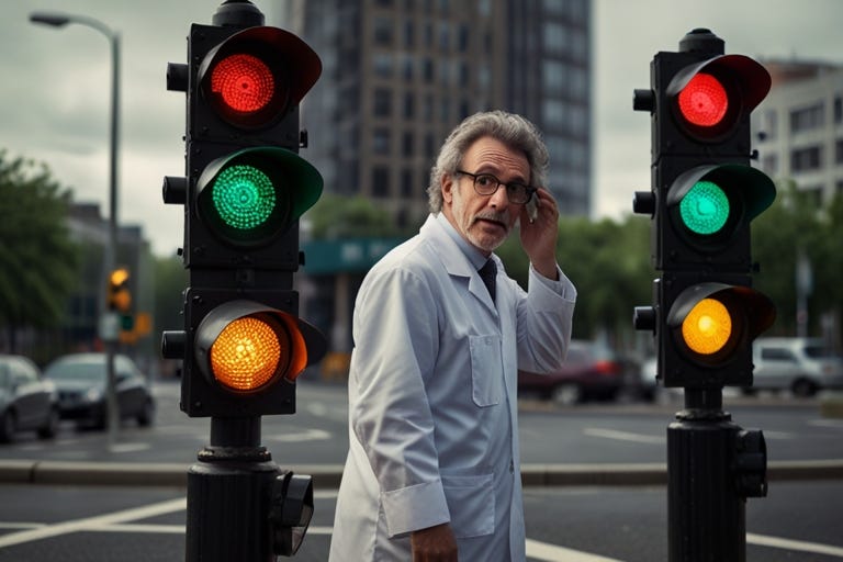 a picture of a crazy scientist covering up a set of traffic lights whilst the traffic piles up in the background