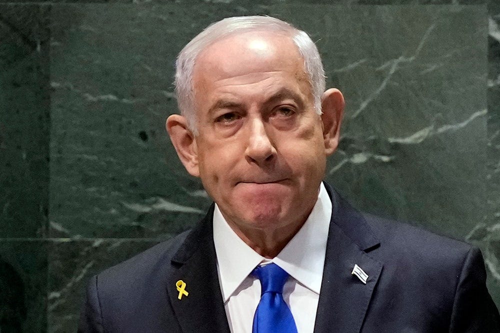 Israel Prime Minister Benjamin Netanyahu listens to audience applause after his address to the 79th session of the United Nations General Assembly, September 27, 2024. (AP)